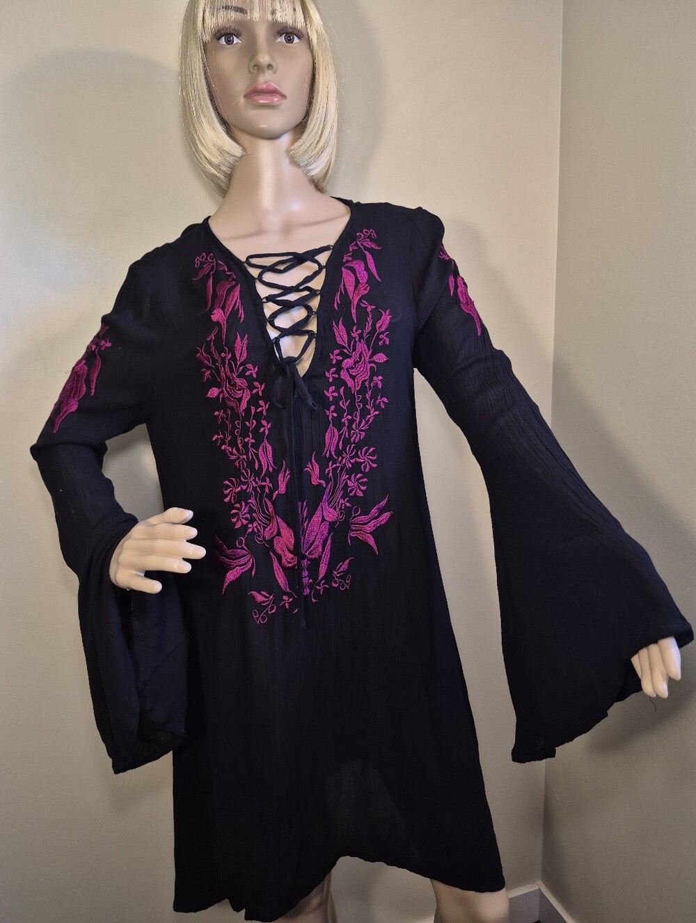 Boho Dress Rayon By California Moon Rise Beach Cover Up Bell Sleeve Lace Up Neck